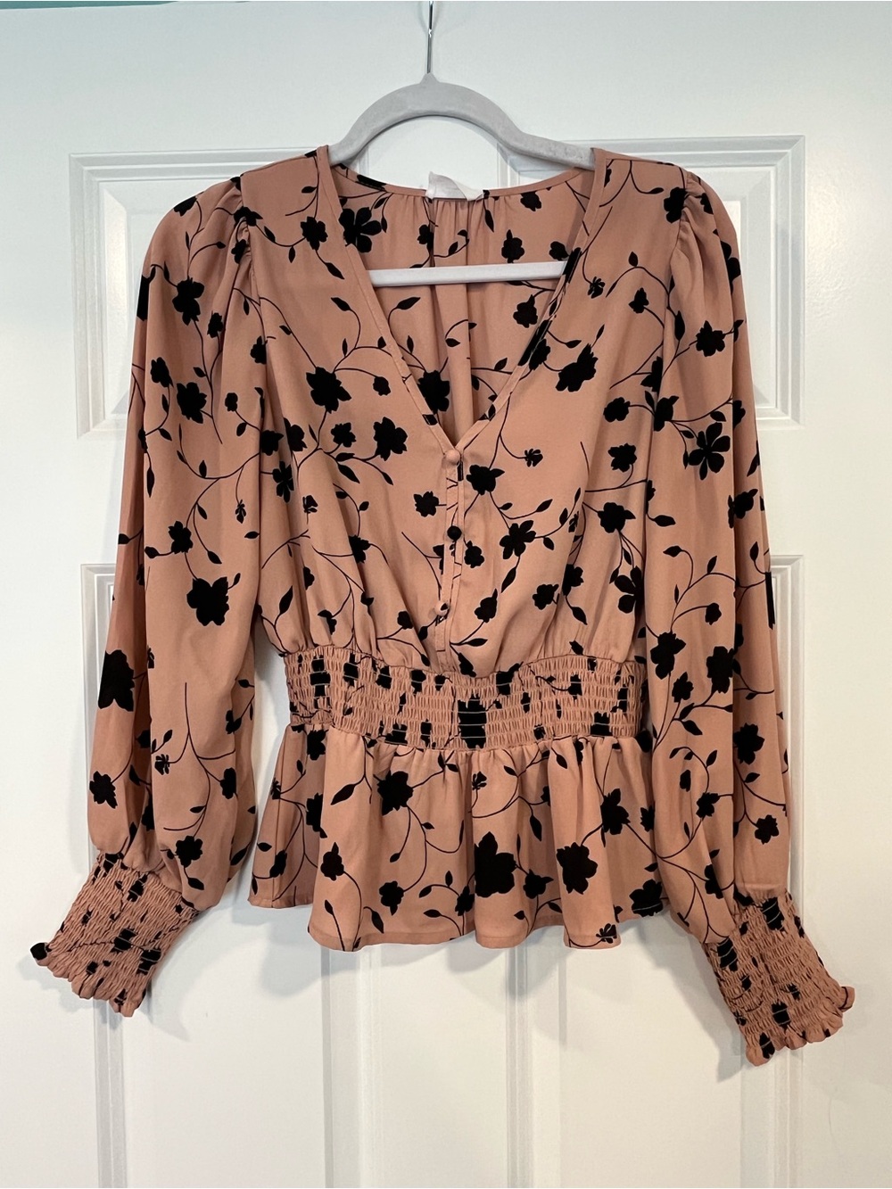 Mauve and Black Floral Smocked Waist V-Neck Blouse